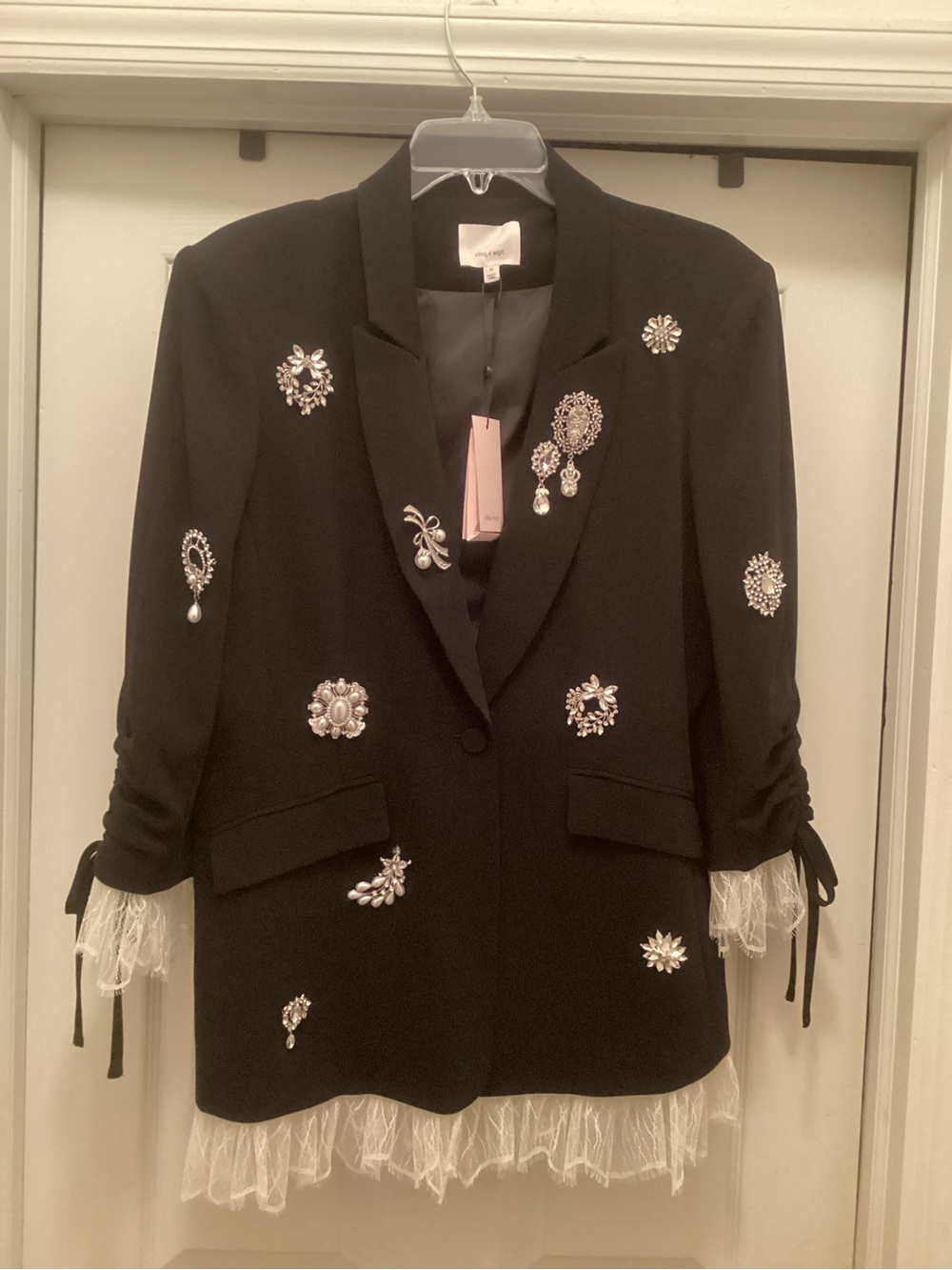 cinq a sept Black Embellished Blazer with Lace Trim